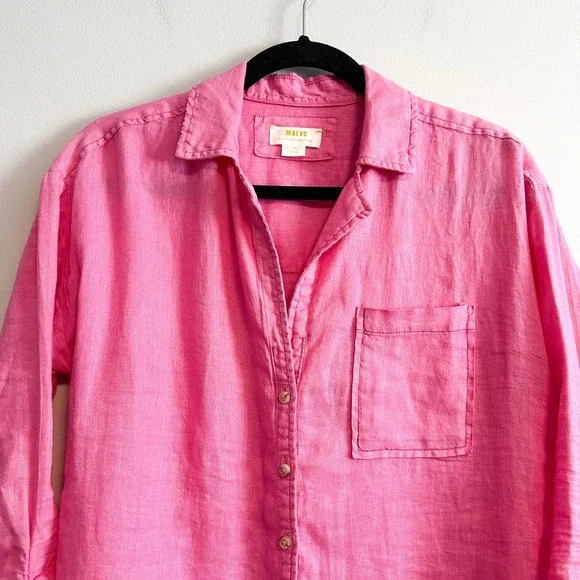 Anthropologie Maeve Linen Ruched Sleeve Button Down Shirt Pink XXS - Picture 6 of 11